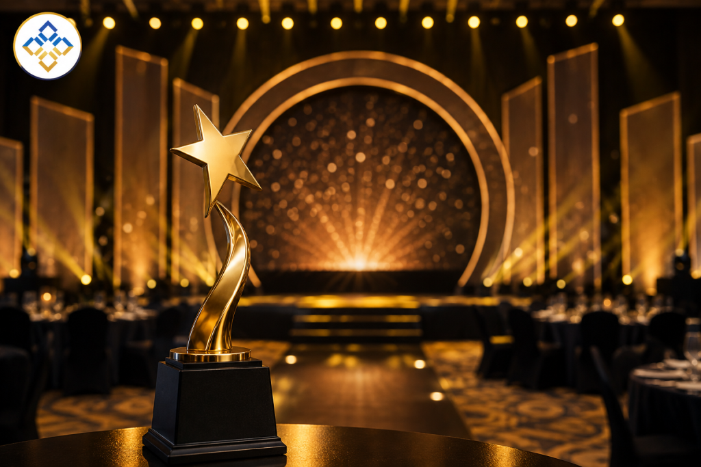 Award Ceremony Event Planner India featuring an elegant golden trophy and luxurious award ceremony stage